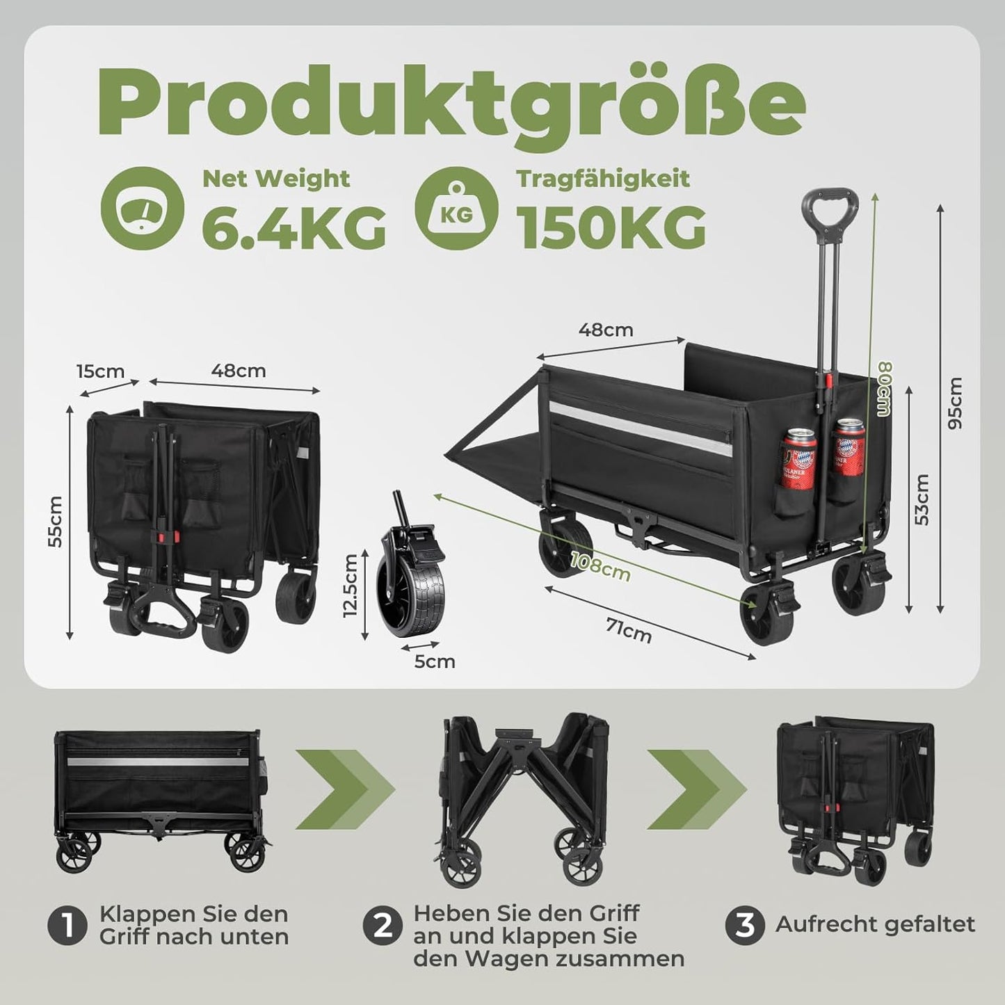 Faltbarer Bollerwagen mit Bremse und Heckklappe, 120l Plus mit Bremse