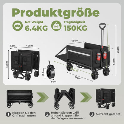 Faltbarer Bollerwagen mit Bremse und Heckklappe, 120l Plus mit Bremse