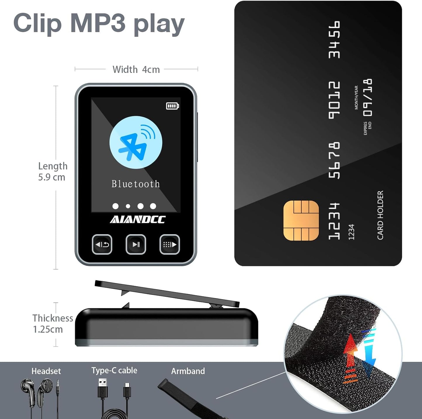 MP3 Player mit Sport Clip & Armband, Schwarz