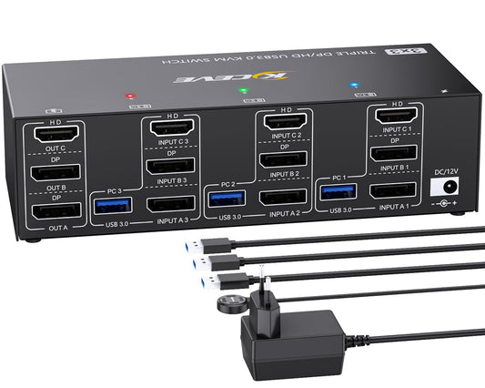 KVM Switch für 3 PCs und 3 Monitore, 8K@60Hz, 3×3 8K HDMI+Displayport Kvm Switch