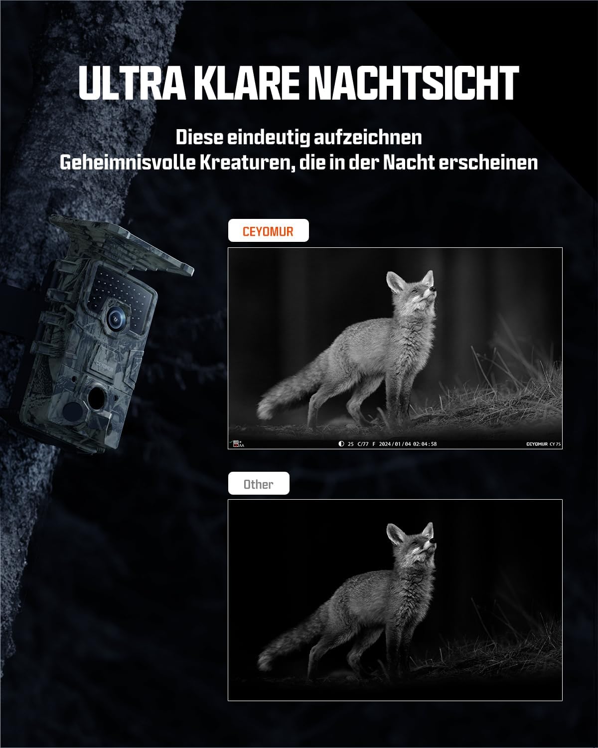 CY75 Solar Wildkamera 4K mit Bewegungsmelder und Nachtsicht, Tarnung