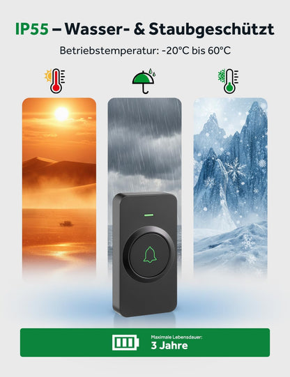 Funkklingel-Set mit 2 Empfängern, 52 Melodien, 2 receivers + 1 push Schwarz