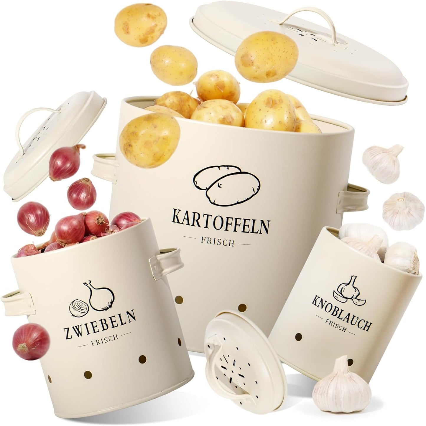 3er-Set Kartoffel-, Knoblauch- & Zwiebel-Aufbewahrungsbox, SET01-Beige