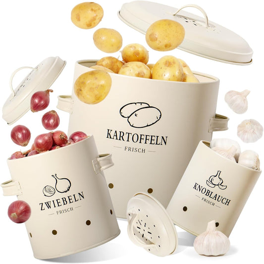 3er-Set Kartoffel-, Knoblauch- & Zwiebel-Aufbewahrungsbox, SET01-Beige