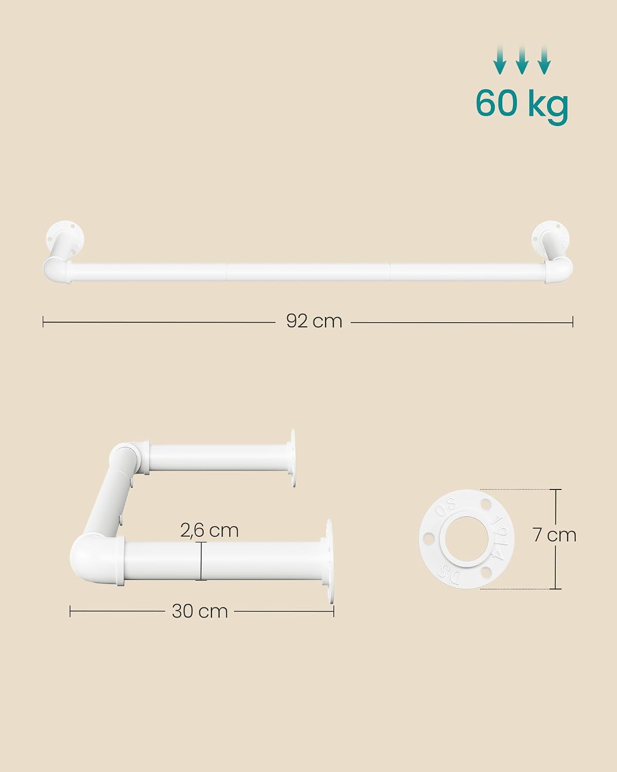 Kleiderstangen-Set zur Wandmontage, 2 Stück, Mattweiss 92L cm 2