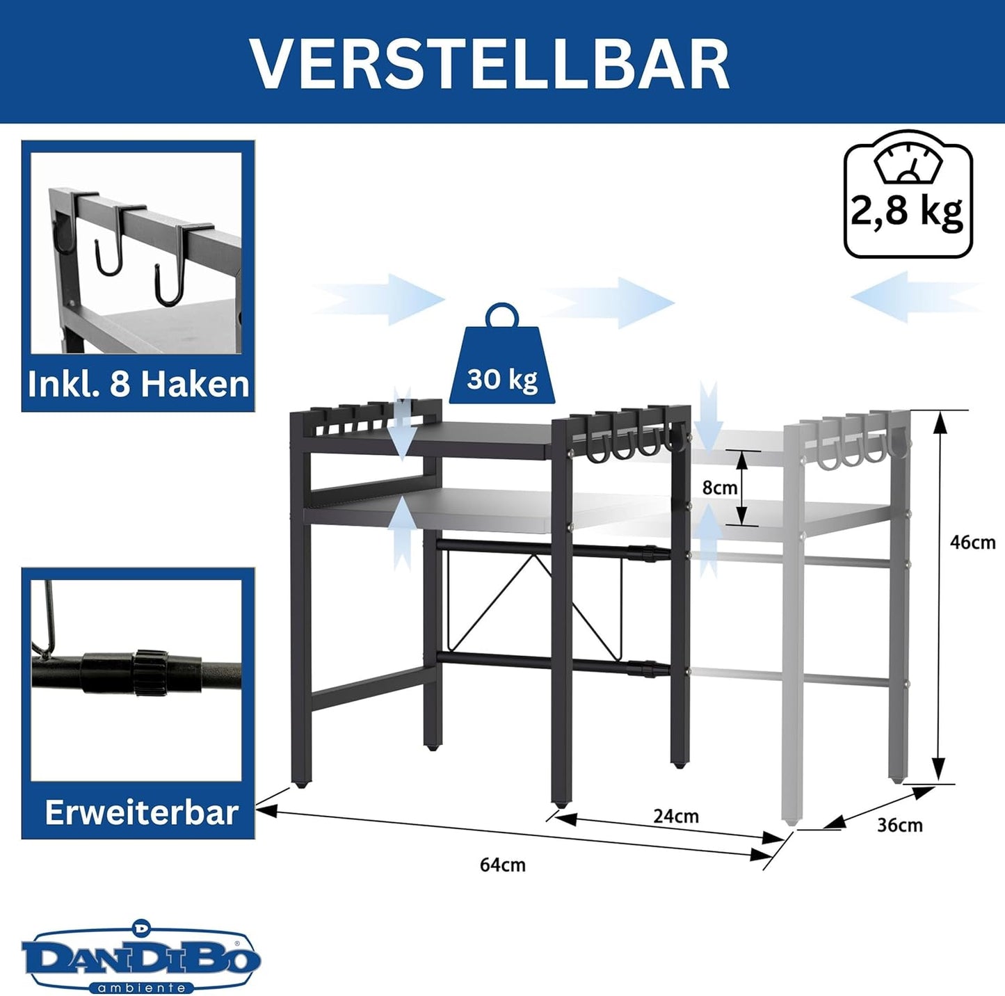 Verstellbares Küchenregal 2-stufig, Schwarz 2 Stufig / Höhe 46 cm