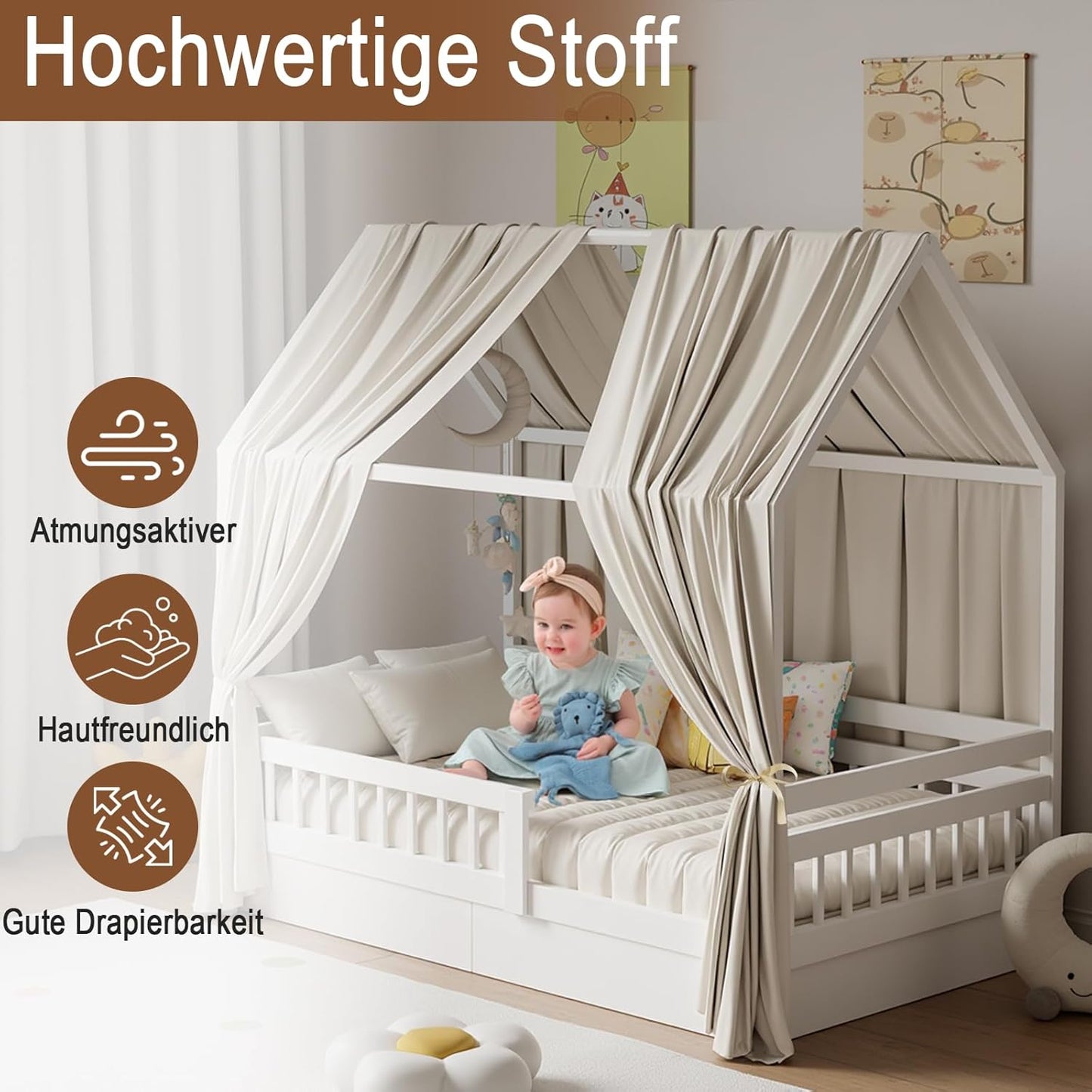 2-teiliges Betthimmel-Set für Hausbetten (2 Stück), H270 x B67 cm (2er Pack) Creme