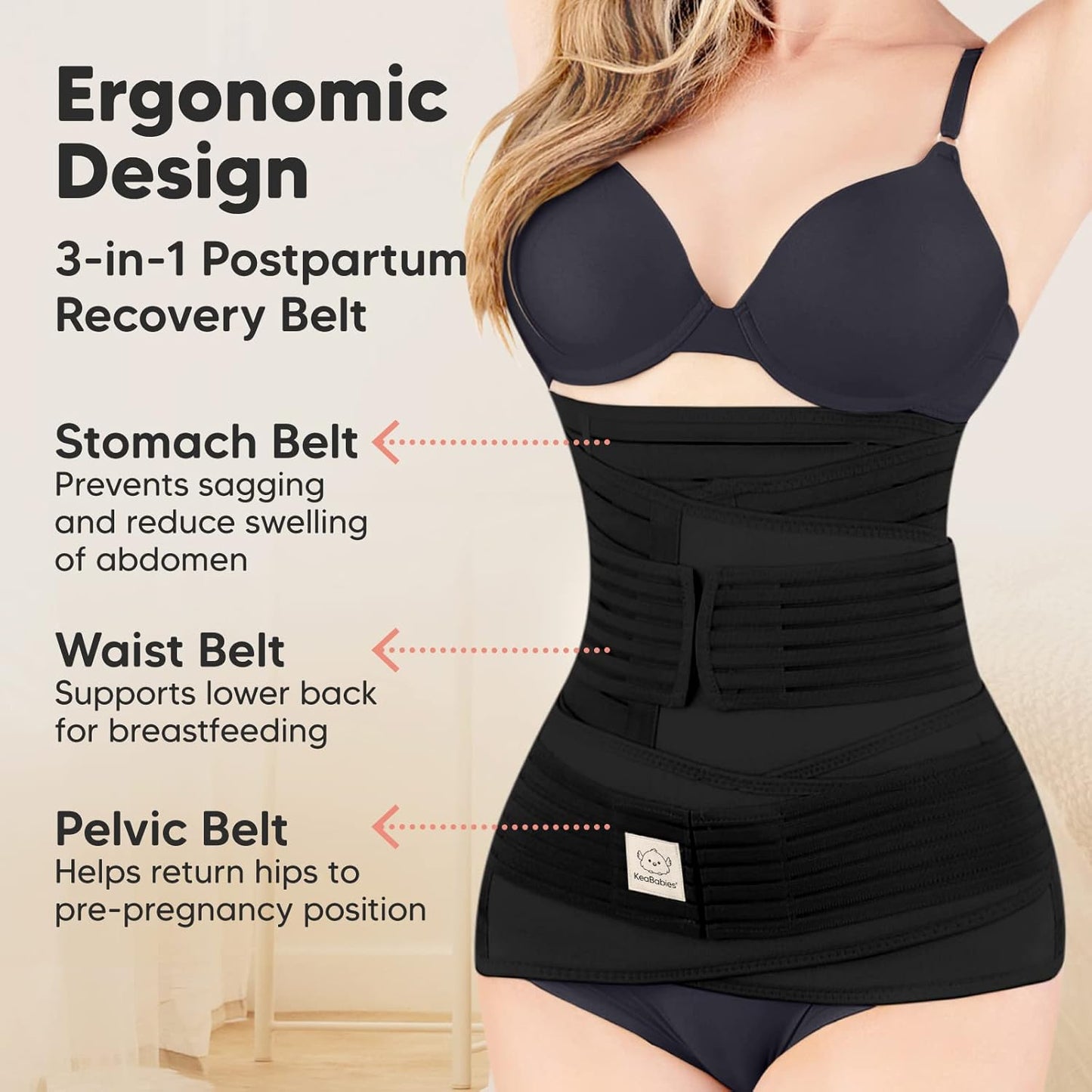 Postpartum Gürtel 3 in 1 für Rückbildung und Bauchstütze, M/L Midnight Black