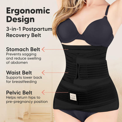 Postpartum Gürtel 3 in 1 für Rückbildung und Bauchstütze, M/L Midnight Black
