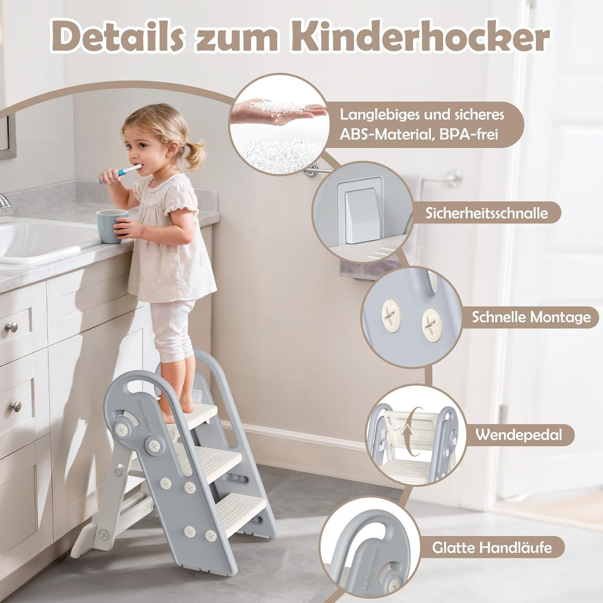 Höhenverstellbarer Tritthocker für Kinder, Grauweiss