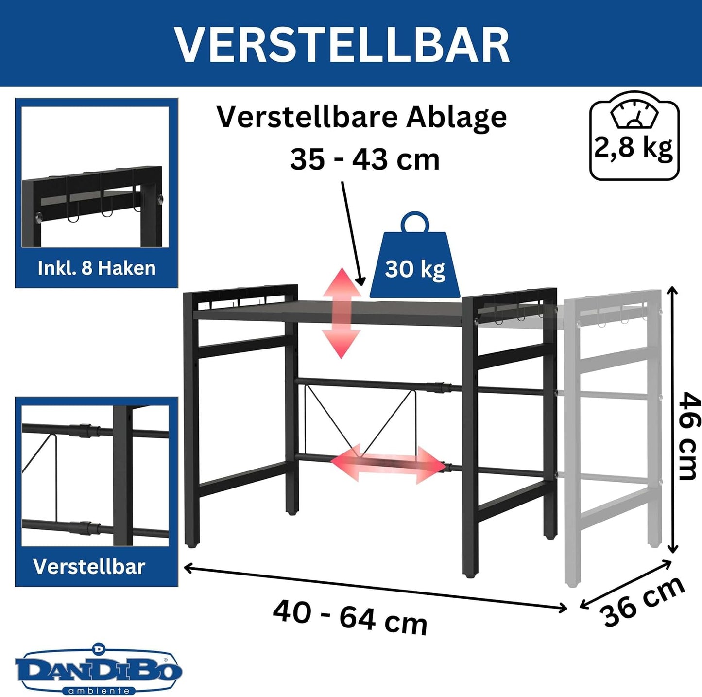 Verstellbares Mikrowellenregal 2-stufig, Schwarz 2 Stufig / Höhe 46 cm
