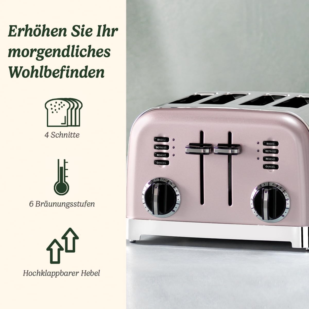 4-Scheiben-Toaster mit breiten Schlitzen und 6 Bräunungsstufen, Rose ; 4-Scheiben