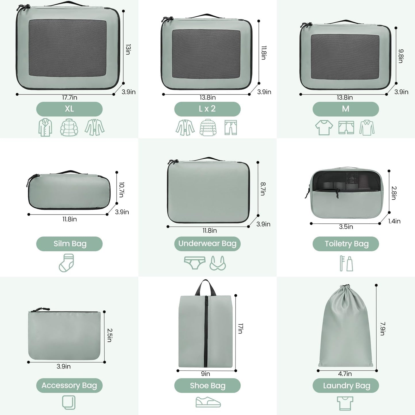 10er-Set Gepäck-Organizer, 10 Set, Grün