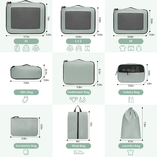 10er-Set Gepäck-Organizer, 10 Set, Grün