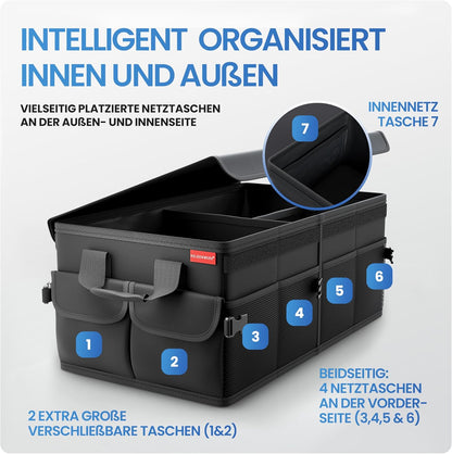 Faltbarer Kofferraum-Organizer mit Deckel, Schwarz mit Schwarzem Saum
