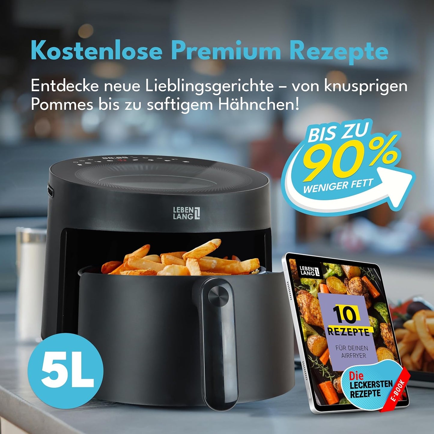 Heissluftfritteuse mit 8 Programmen (5L, 1500W)