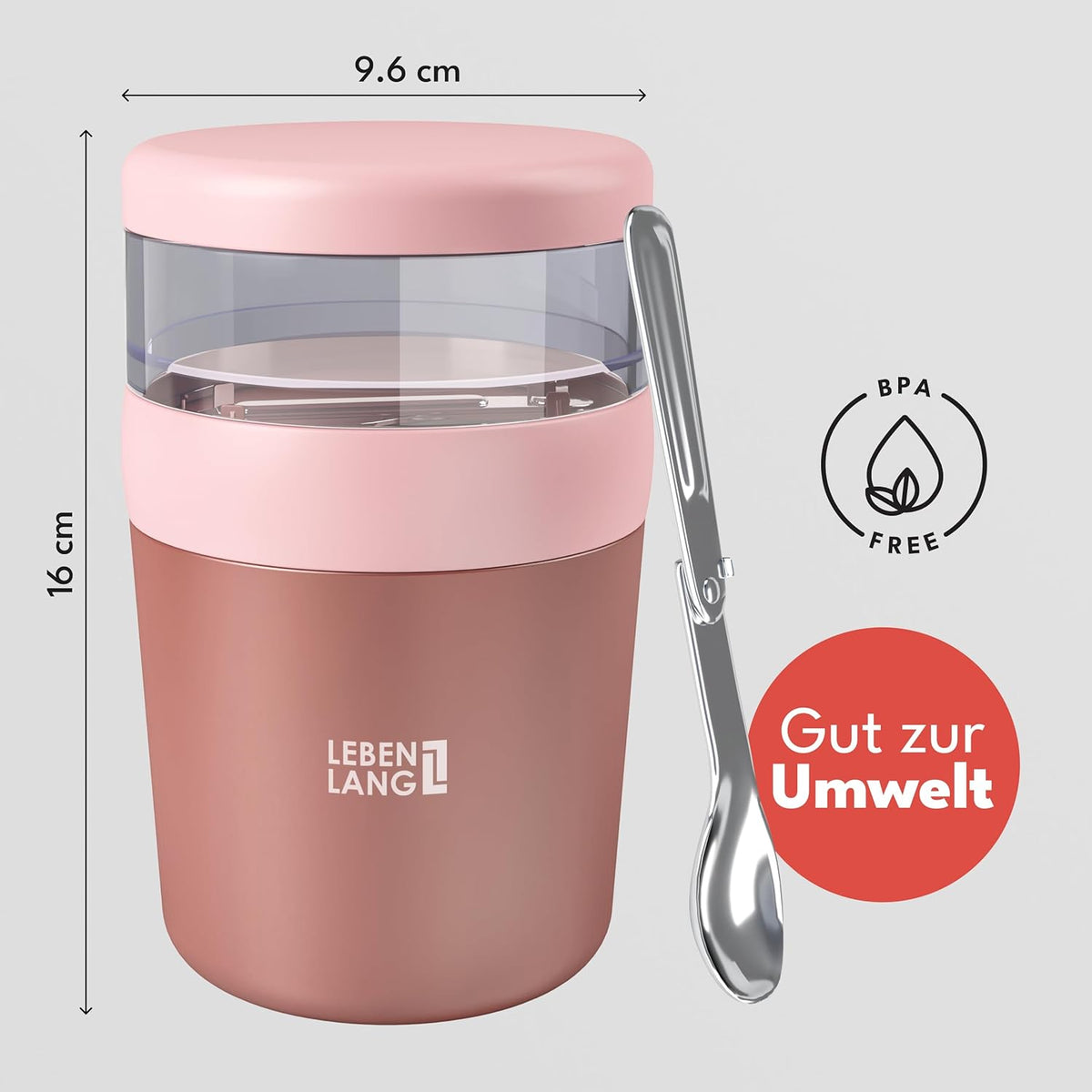 Müslibecher To Go mit Löffel, Rosa 500ml + 150ml