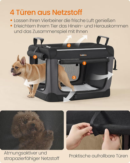 Faltbare Hundetransportbox mit 4 Türen, Griffen und Taschen, PDC016B01, M (60 x 42 x 42 cm)