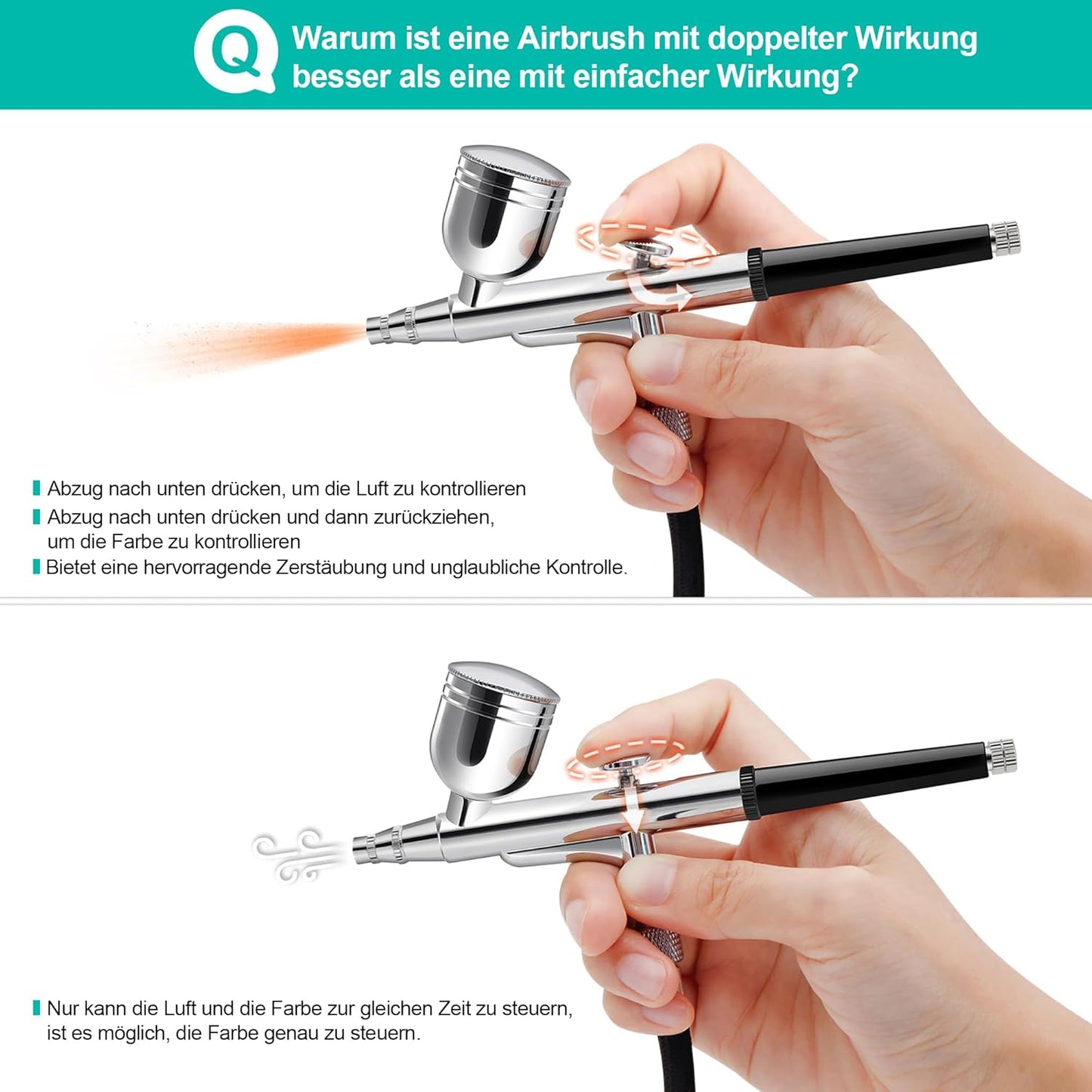 Dual Action Airbrush Set mit Kompressor, Schwarz