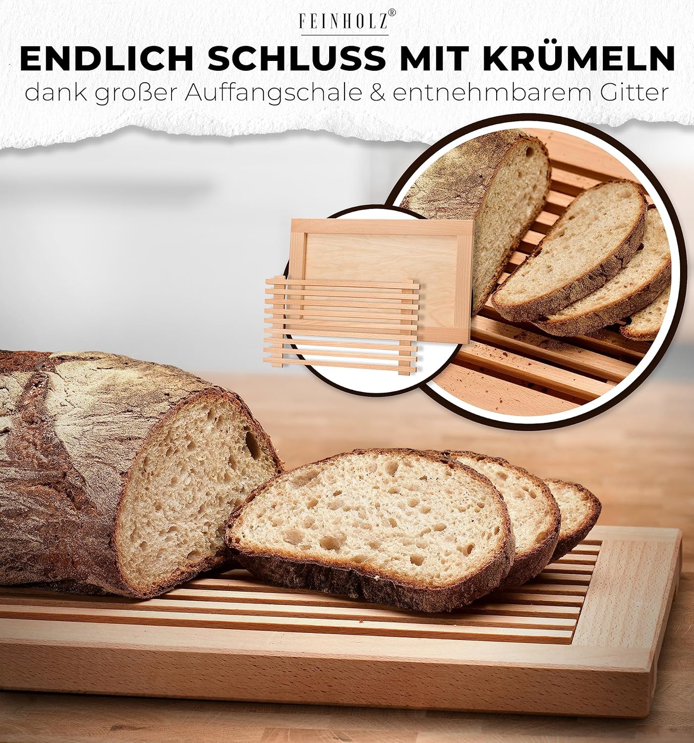Brotschneidebrett mit Krümelfach, 40 x 25 cm
