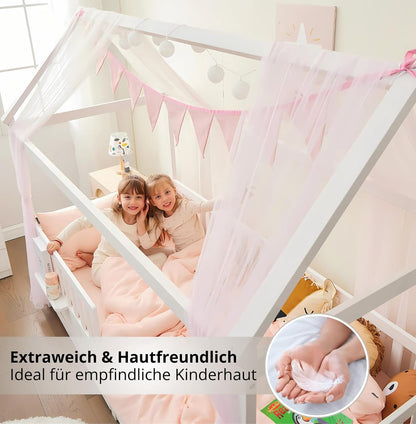 4-teiliges Hausbett Deko Set mit Betthimmel und Wimpelkette