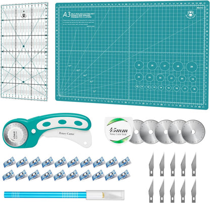 Rollschneider-Set mit Schneidematte & Zubehör, A3 Rollschneider Set Türkis