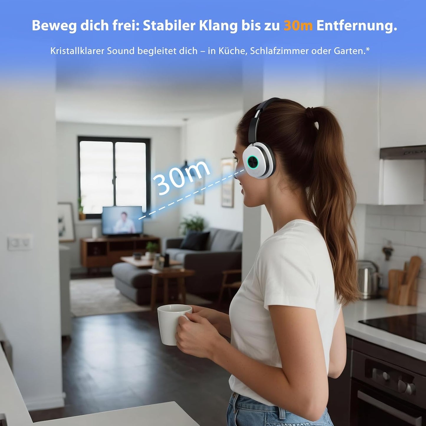 Kabellose TV-Kopfhörer mit Sender-Ladestation, Schwarz & Weiss