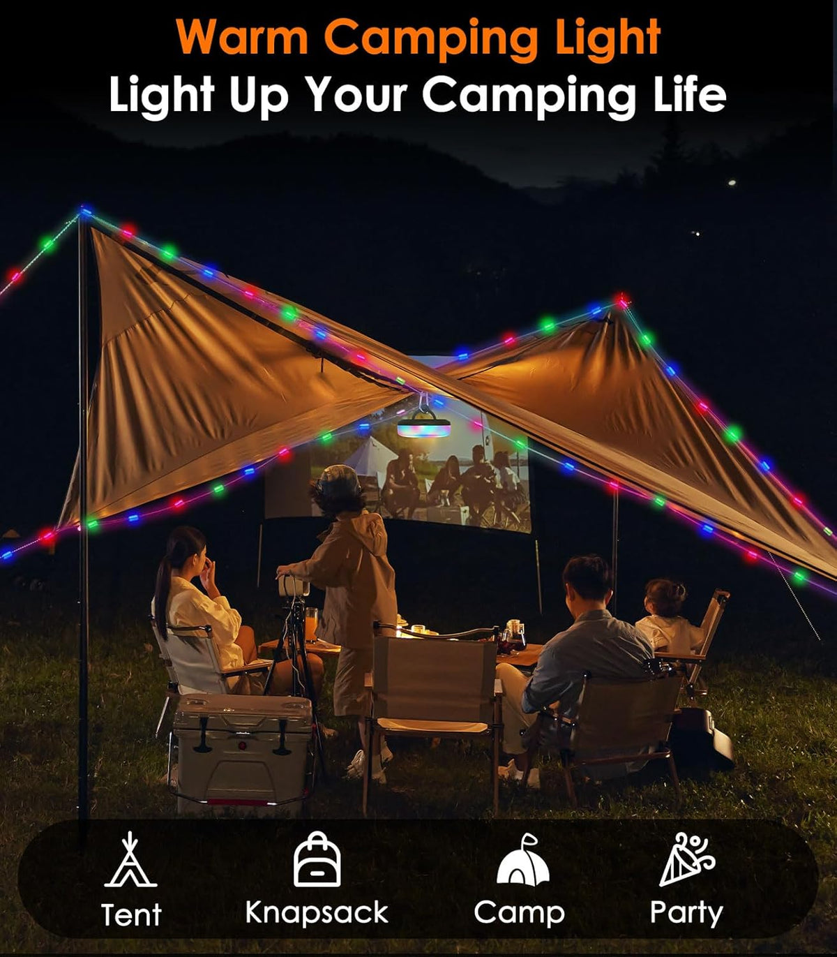 Aufrollbare Camping-LED-Lichterkette, Farbe & Wärme