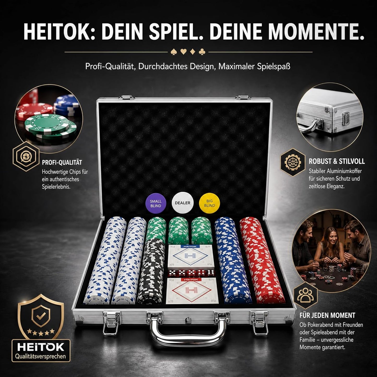Pokerkoffer für 10 Spieler, 500 Chips mit Zahlen