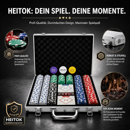 Pokerkoffer für 10 Spieler, 500 Chips mit Zahlen