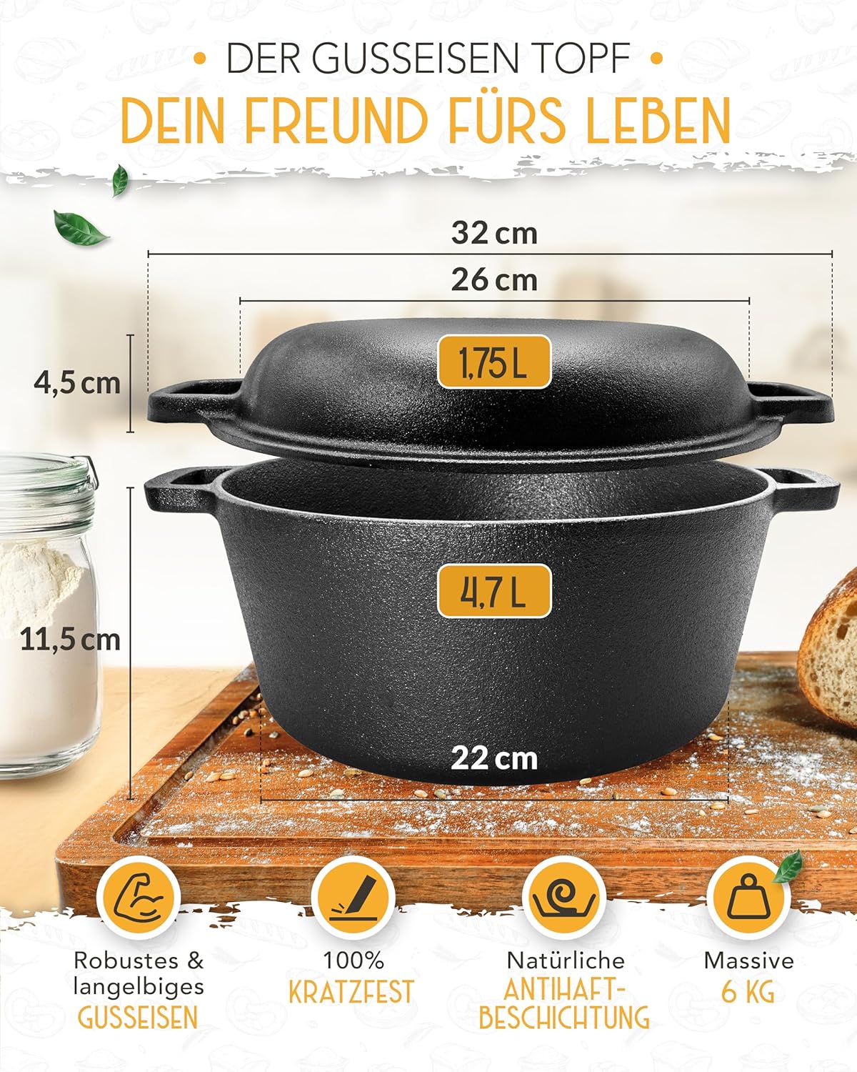 Gusseisen-Brotbacktopf mit Deckel, Topf 4,7l - einzeln
