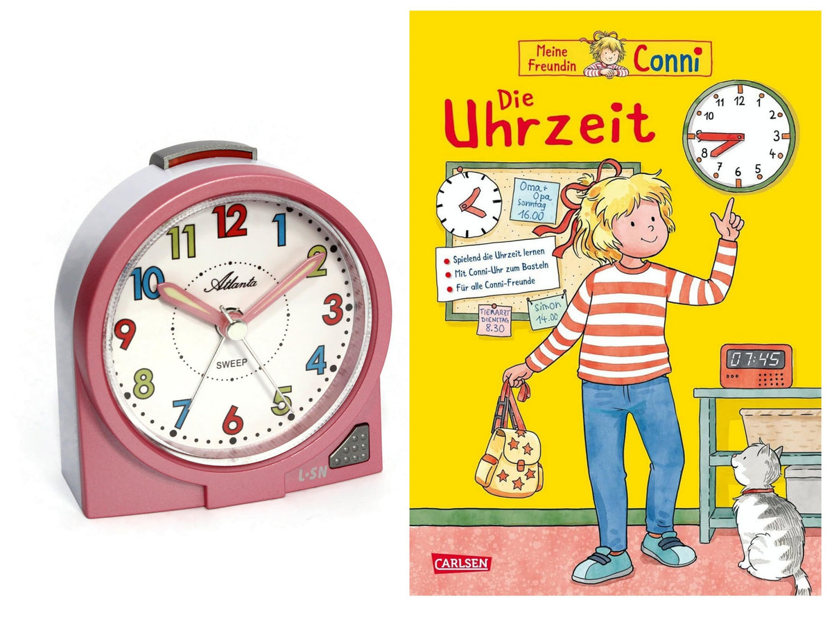 Wecker ohne Ticken mit Conni Buch: Die Uhrzeit, Rosa Conni