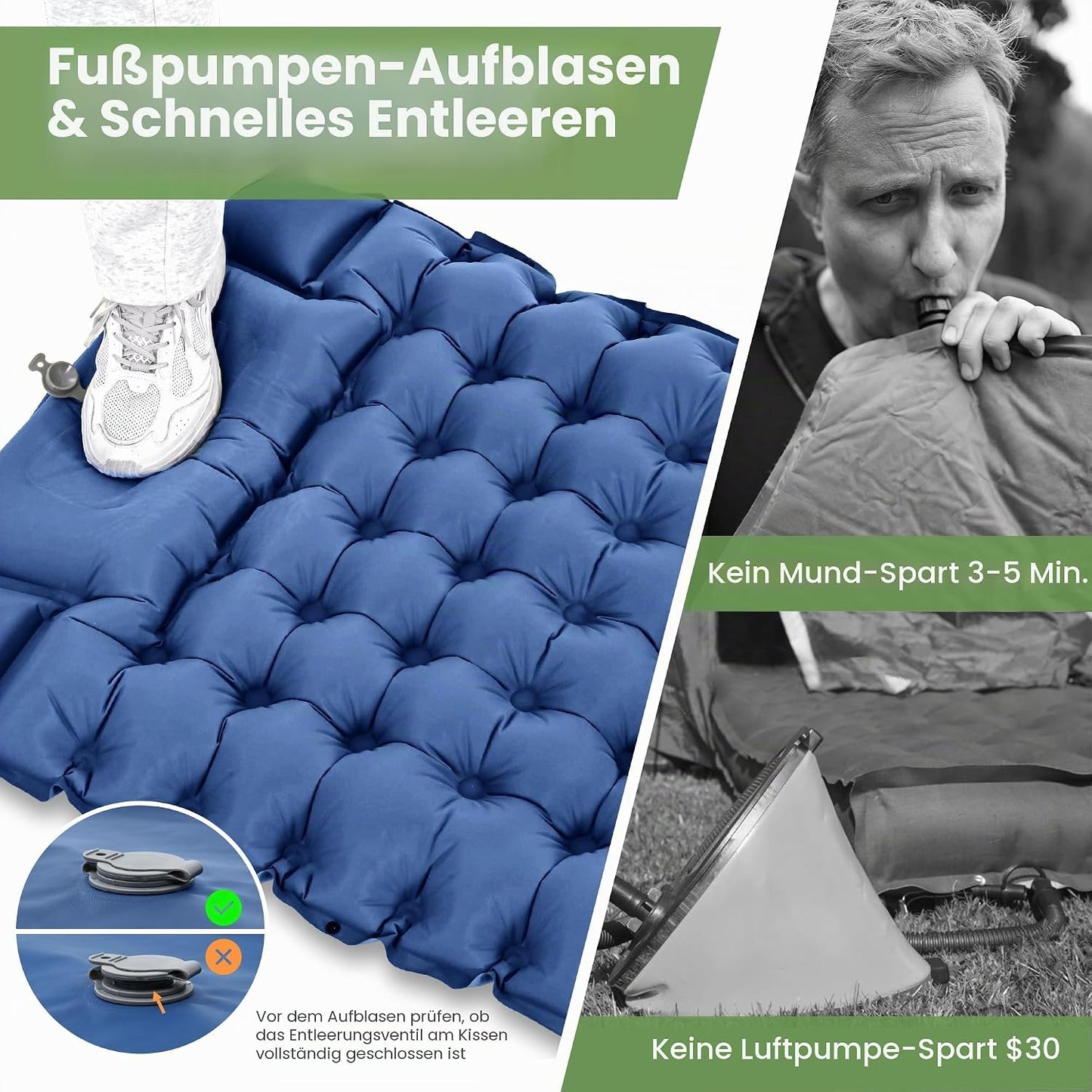 Selbstaufblasbare Isomatte mit Kissen und Fusspumpe, Blau 196 x 68 x 8 cm