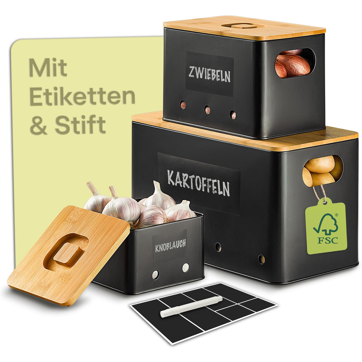 Kartoffel-, Knoblauch- und Zwiebel-Aufbewahrungsboxen-Set, 3-teilig