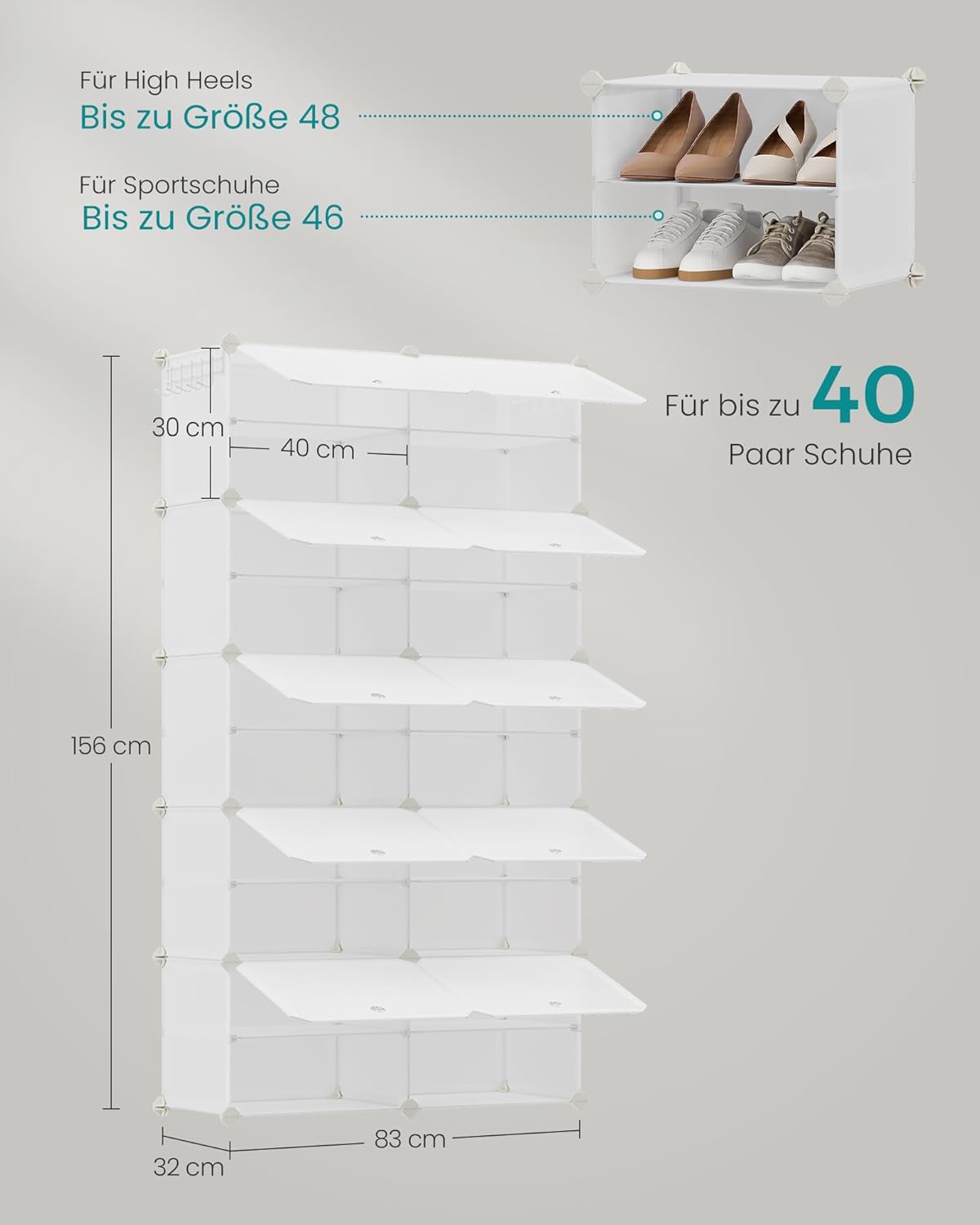 Schuhregal mit 10 Fächern für bis zu 40 Paar Schuhe, Wolkenweiss 10 Fächern (83B x 156H cm)