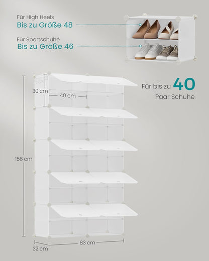 Schuhregal mit 10 Fächern für bis zu 40 Paar Schuhe, Wolkenweiss 10 Fächern (83B x 156H cm)