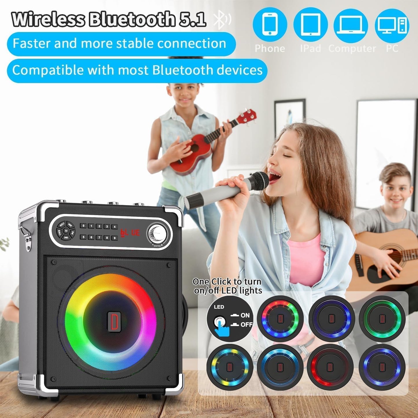Karaoke-Maschine mit 2 kabellosen Mikrofonen, Schwarz