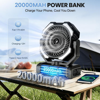 Akku Campingventilator mit Sprühfunktion und Fernbedienung, Schwarz