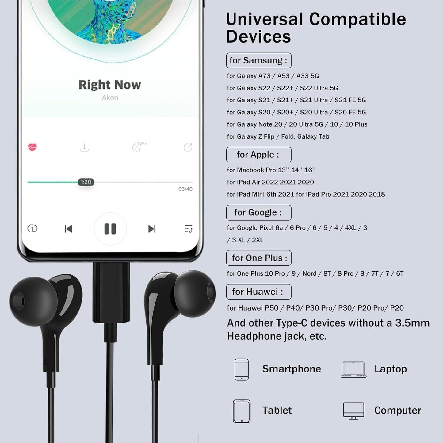 In-Ear Kopfhörer mit Mikrofon, Schwarz USB Typ C
