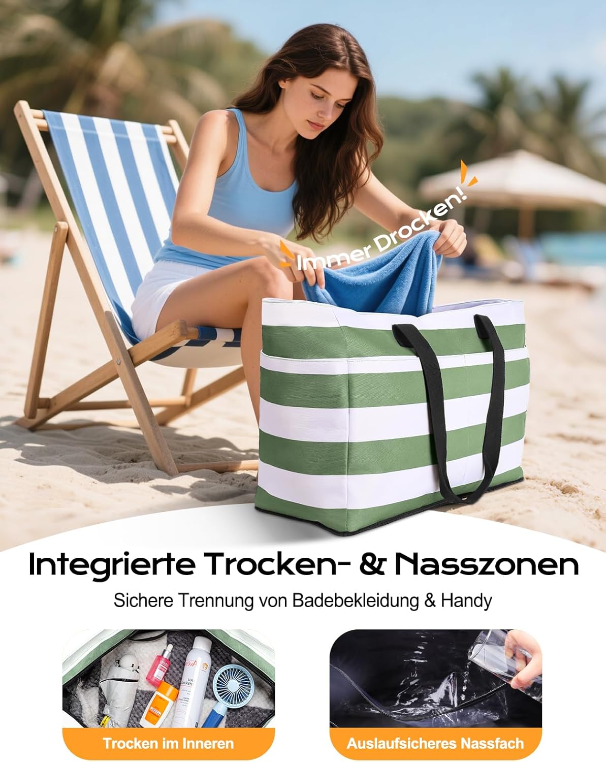 Strandtasche mit Kühl- & Nassfach, Grün Weiss