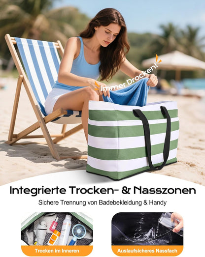 Strandtasche mit Kühl- & Nassfach, Grün Weiss