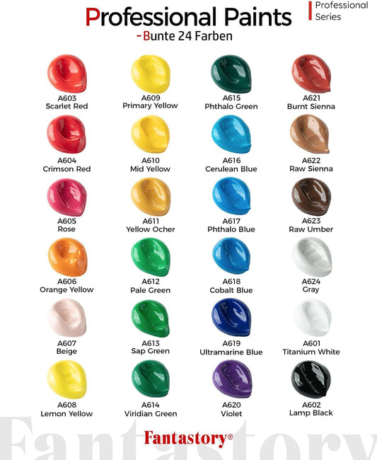 24-teiliges Acrylfarben Set mit 12 Pinseln, Rot, Sienna, Gelb, Grün, Blau, Rosa, Grau, Sienna, Purpur