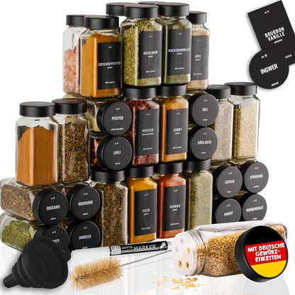 36er-Set Gewürzgläser mit 280 Etiketten, Stift, Reinigungsbürste & Trichter, 36er Set - Schwarz deckel