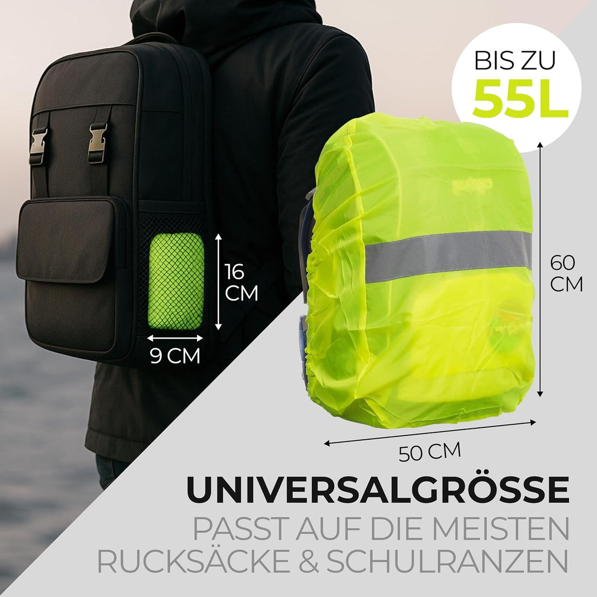 Regenschutz für Rucksack Wasserdicht & Winddicht, 55 L, Neon Gelb