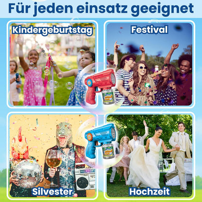 2x Seifenblasenpistolen mit LED und 100ml Tank, inkl. 1 L Nachfüllkonzentrat, Blau + Rot