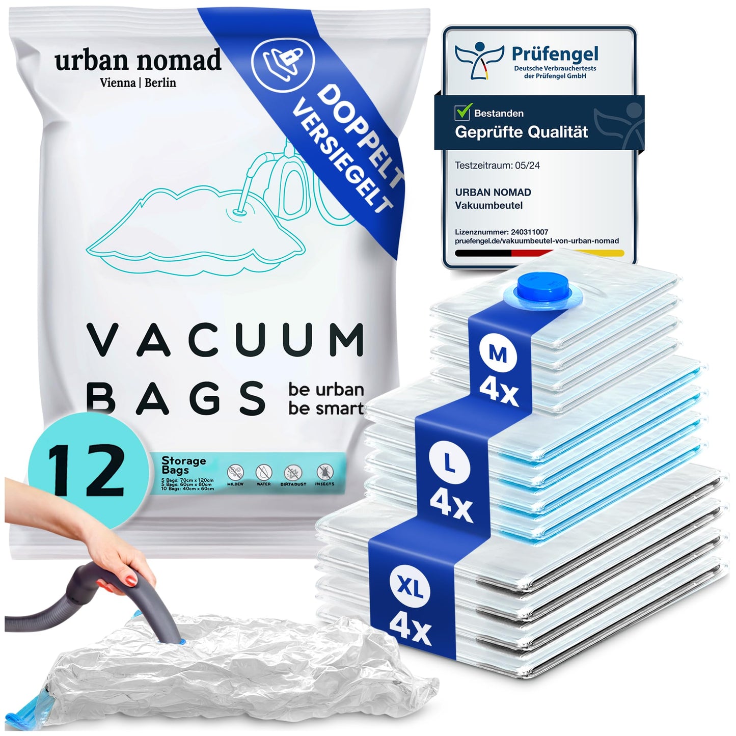 12er-Set Vakuumbeutel für Kleidung, 12 Stück - 3 Grössen