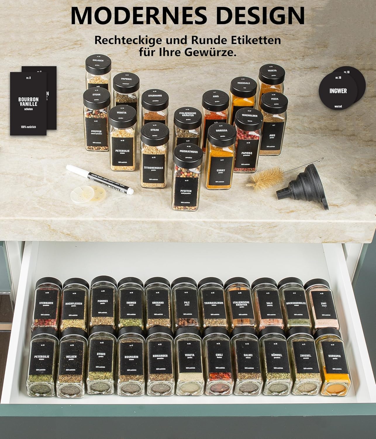 36er-Set Gewürzgläser mit 280 Etiketten, Stift, Reinigungsbürste & Trichter, 36er Set - Schwarz deckel