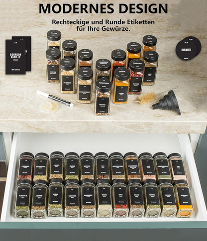 36er-Set Gewürzgläser mit 280 Etiketten, Stift, Reinigungsbürste & Trichter, 36er Set - Schwarz deckel