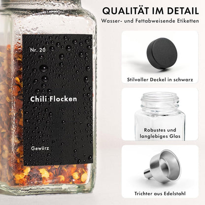 24x eckige Gewürzgläser inkl. Zubehör, Schwarzer Deckel