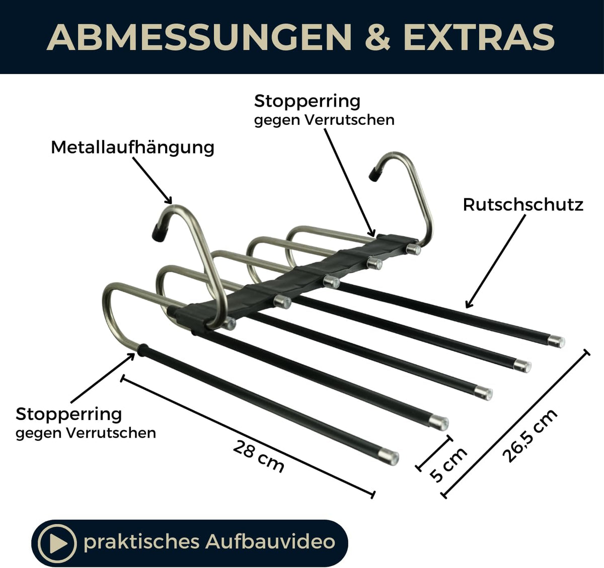 Hosenbügel mit Rutschschutz, Schwarz 34B x 42H cm